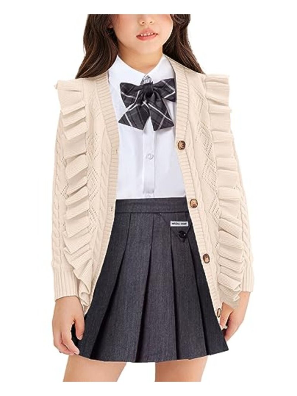 Girls Ruffle Knit Cardigan Button V Neck Sweater School Uniform